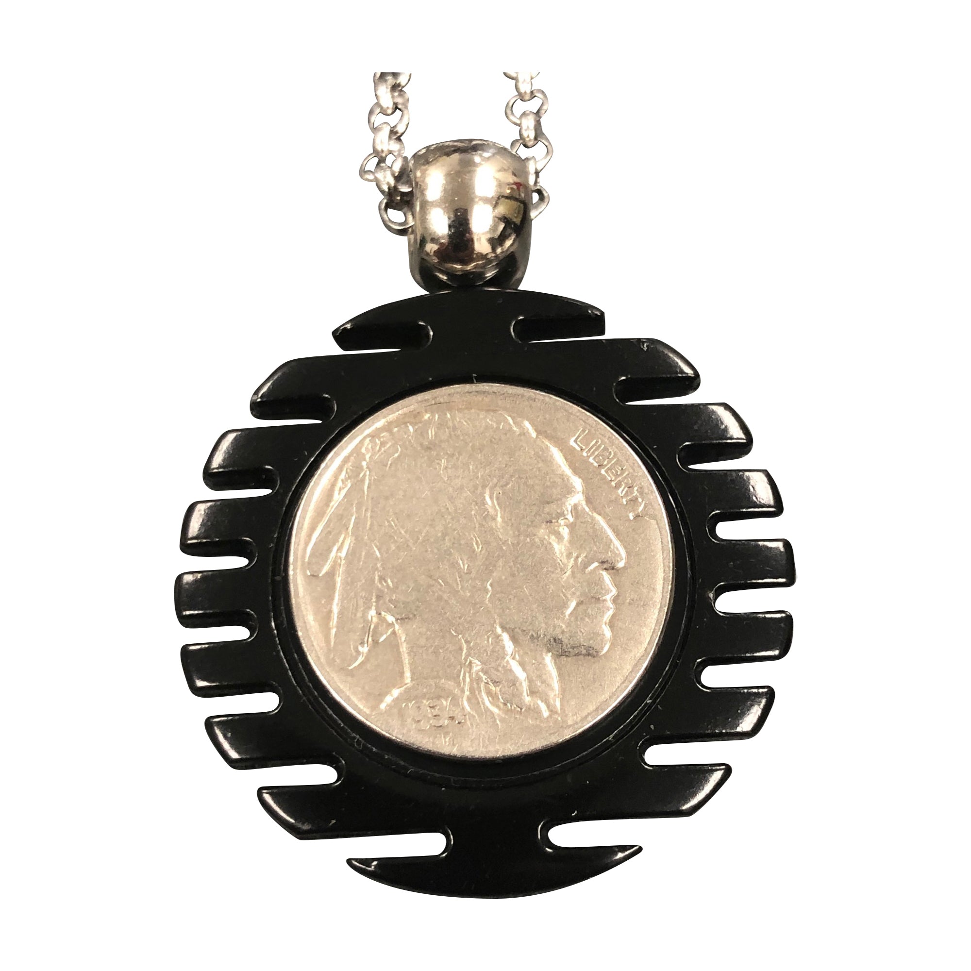Black Pendant Necklace With a Real U.S. Buffalo Nickel Coin