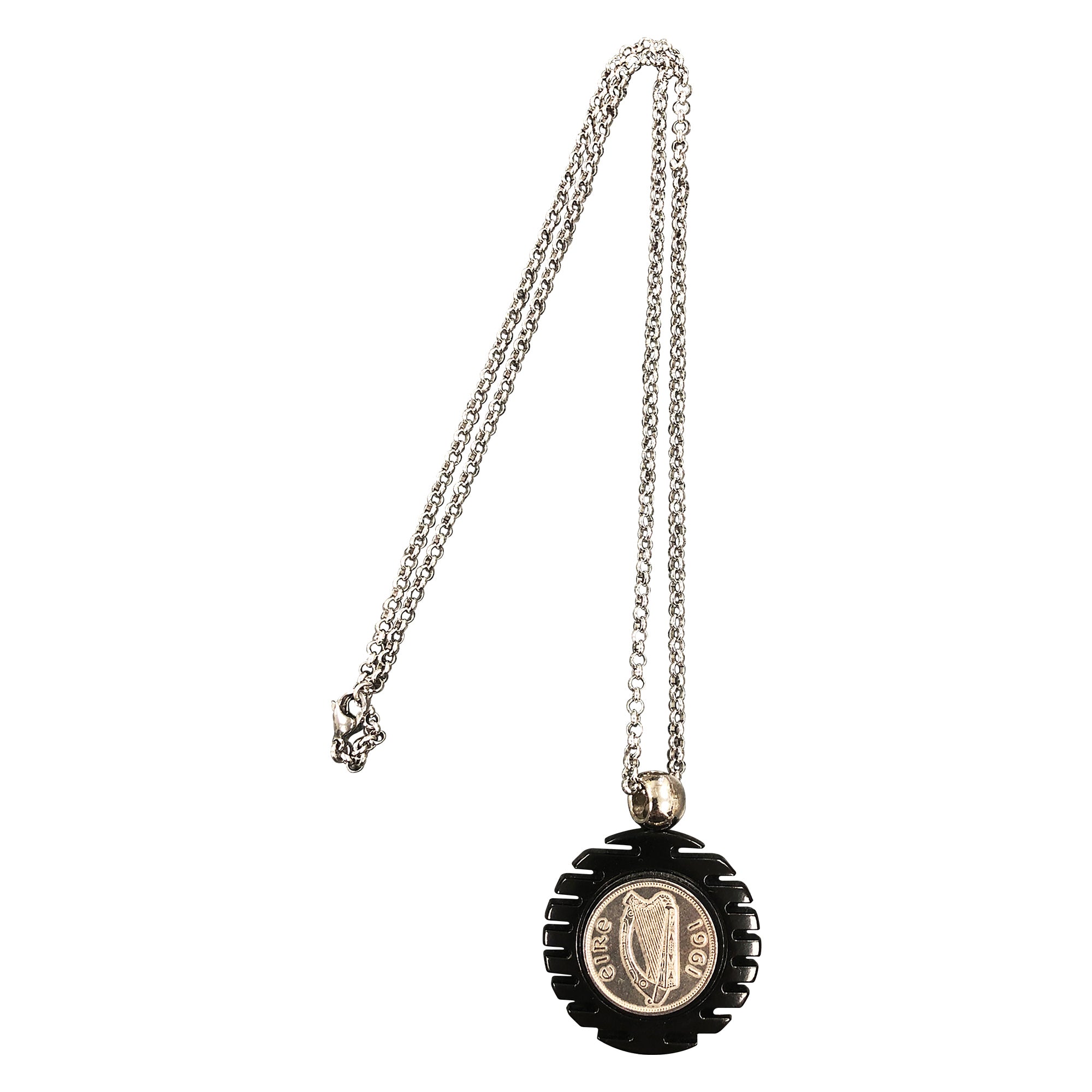 Black Pendant Necklace With a Real Irish Sixpence Coin