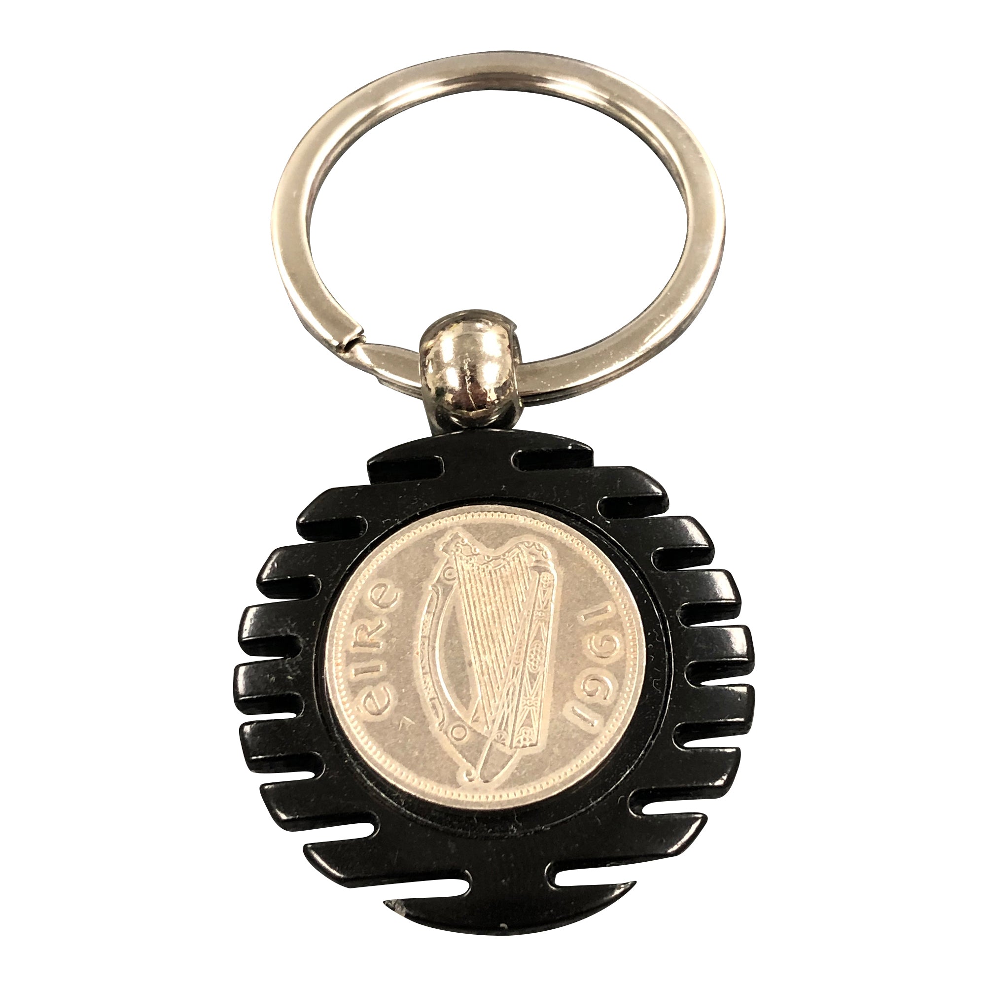 Black Swivel Key Chain with a Real Irish Sixpence Coin