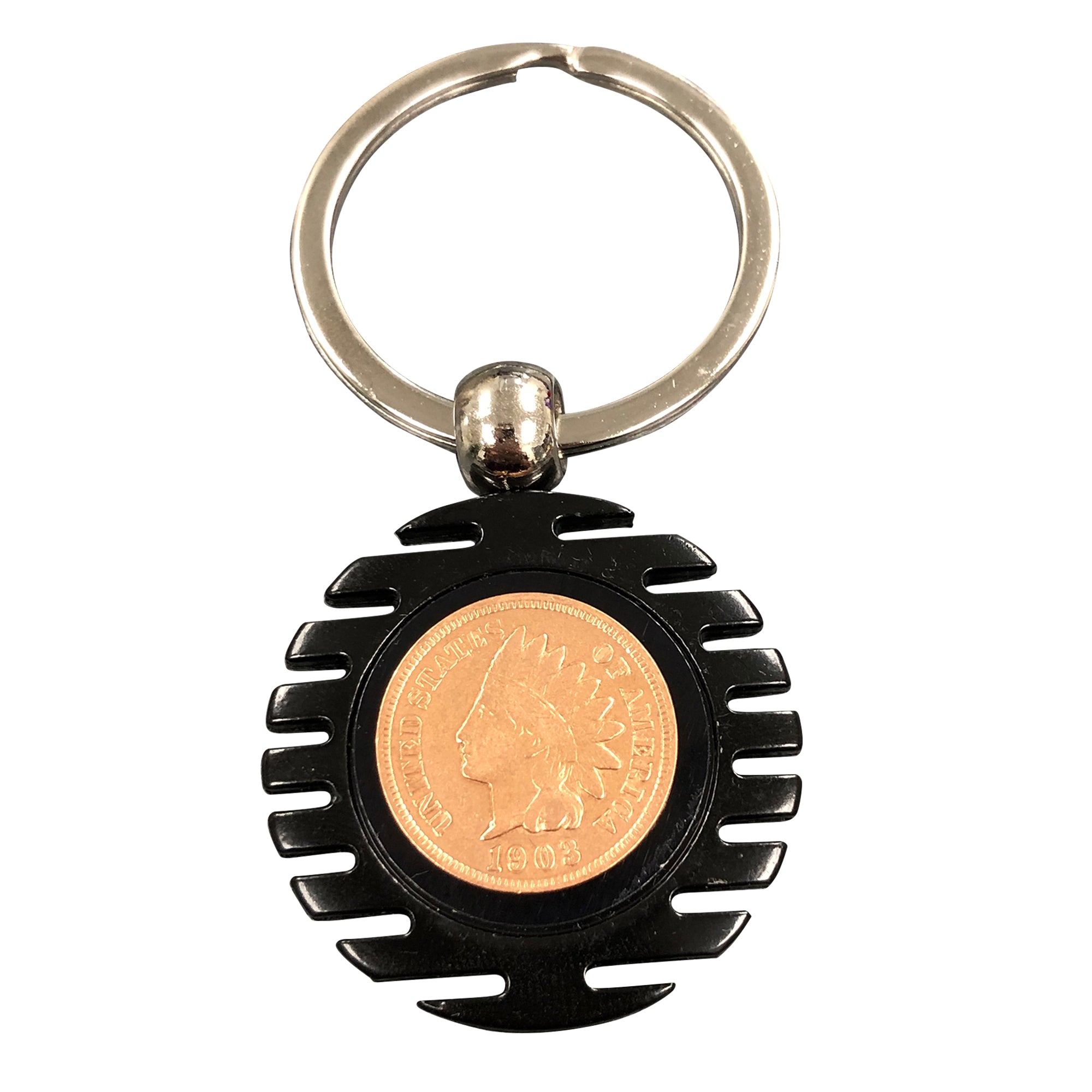 Black Swivel Key Chain with a Real U.S. Indian Head Penny Coin