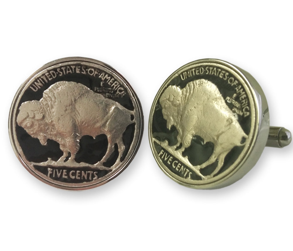 Enameled Buffalo Nickel Cufflinks with Real U.S. Buffalo Nickels