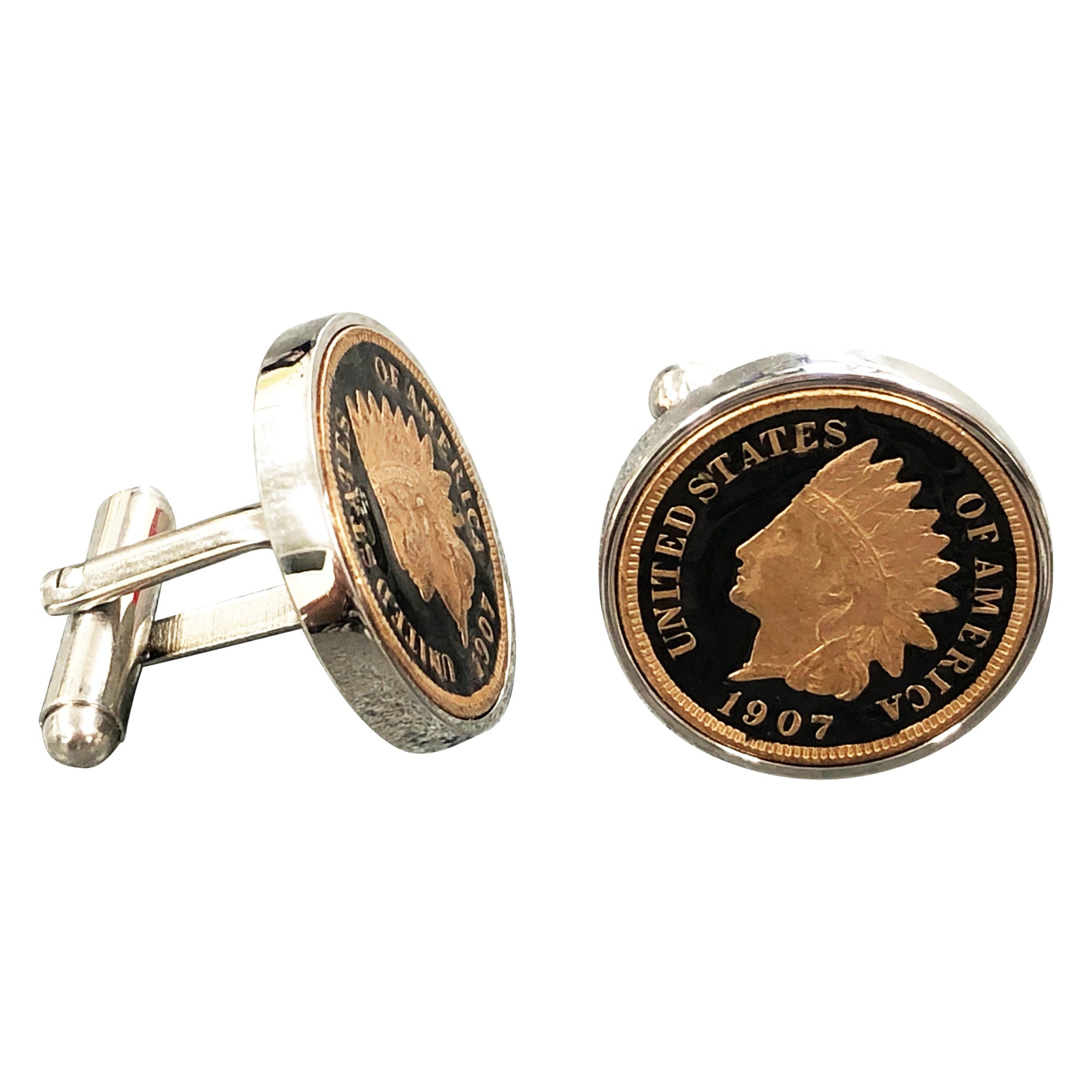 Enameled Indian Head Penny Cufflinks with Real U.S. Indian Pennies