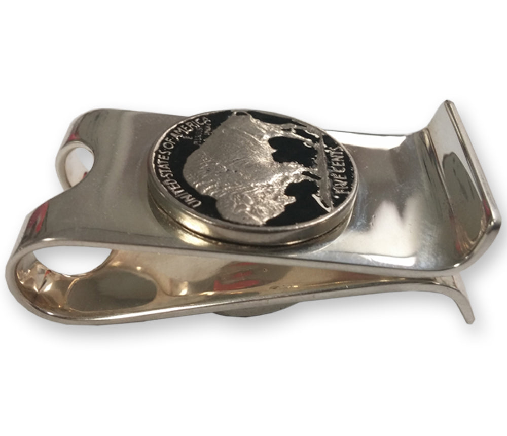 Sterling Silver Hand Enameled Buffalo Nickel Money Clip with Real U.S. Buffalo Nickel