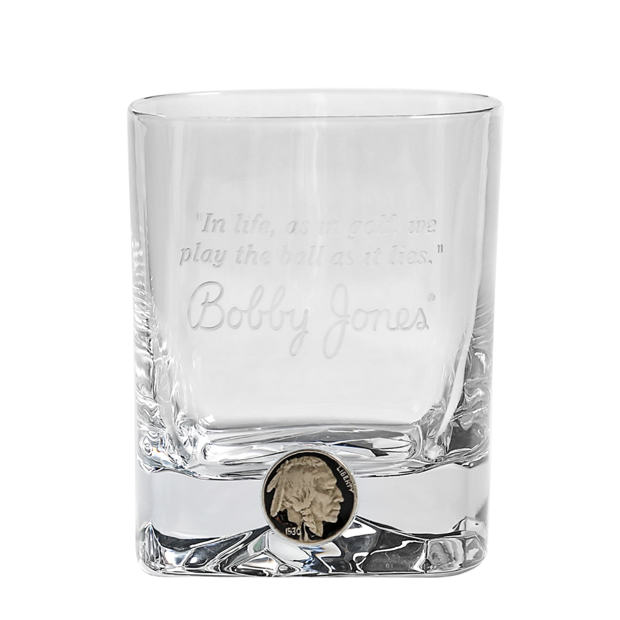 *1930 Bobby Jones Square Double Old Fashioned Glass with Real 1930 Buffalo Nickel