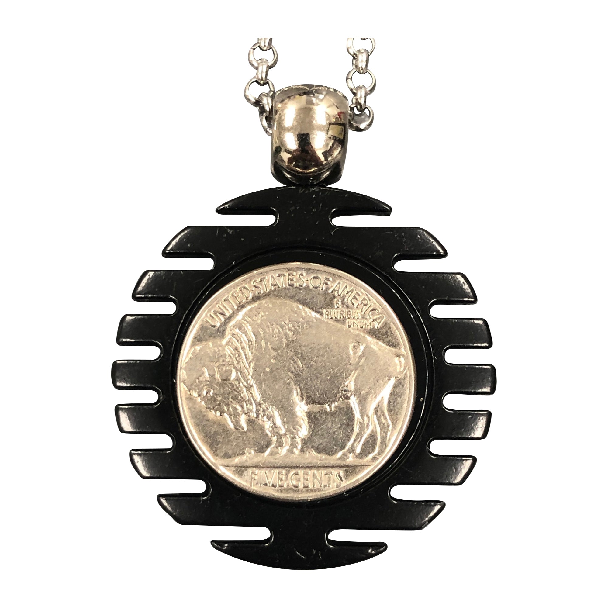Black Pendant Necklace With a Real U.S. Buffalo Nickel Coin
