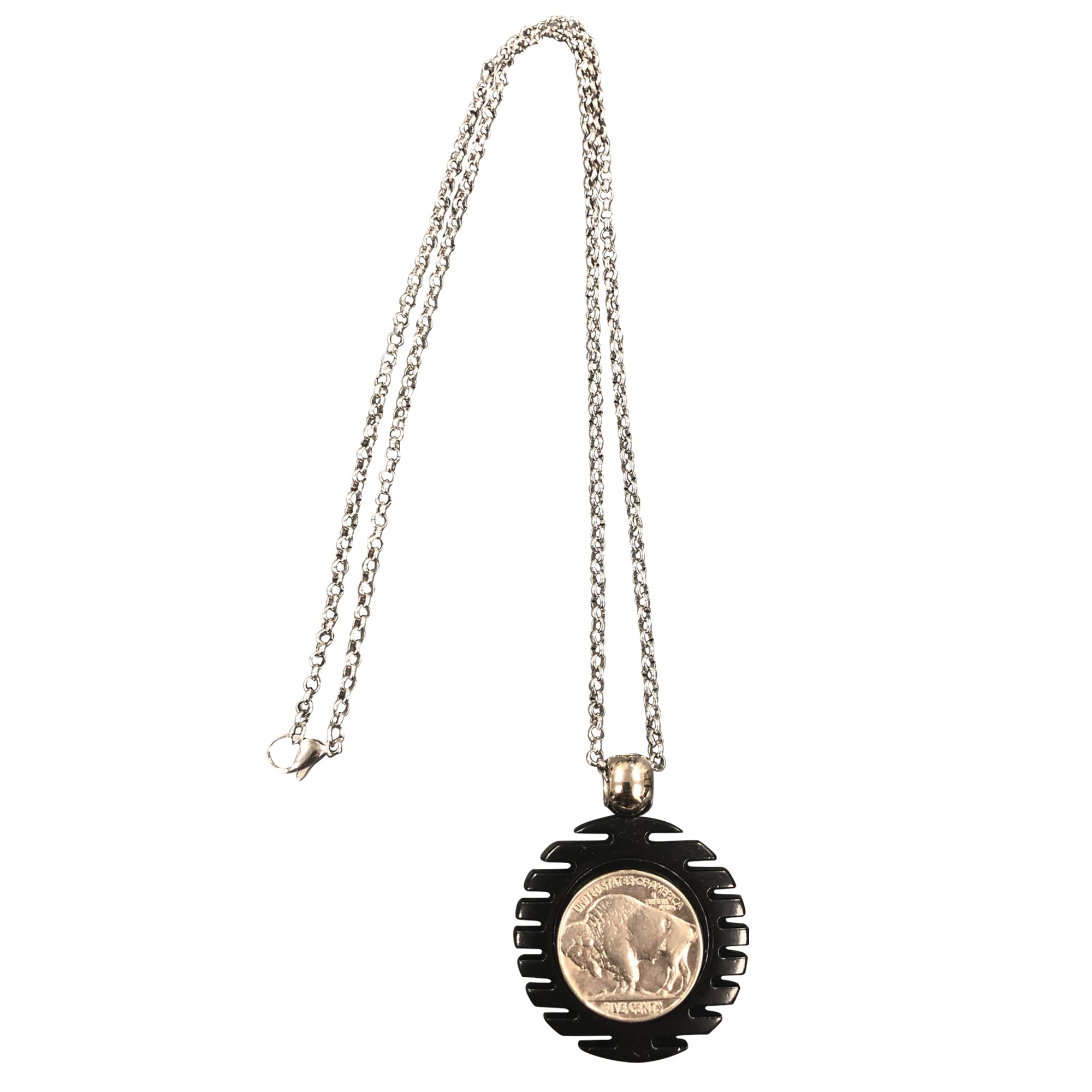 Black Pendant Necklace With a Real U.S. Buffalo Nickel Coin