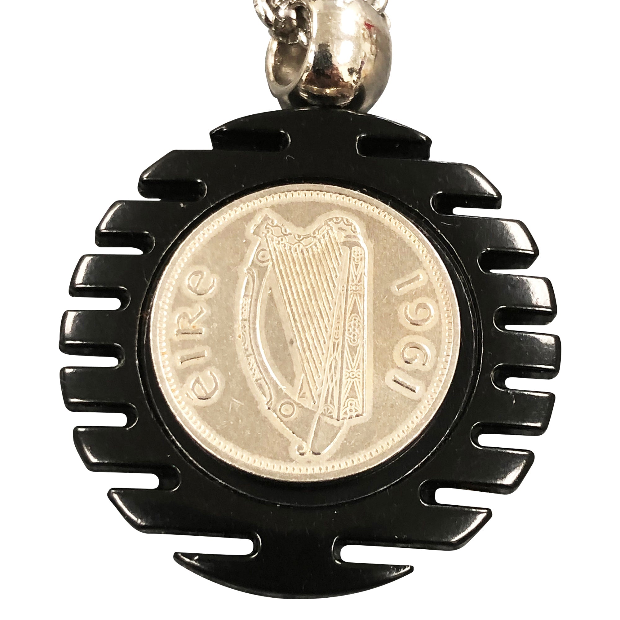 Black Pendant Necklace With a Real Irish Sixpence Coin