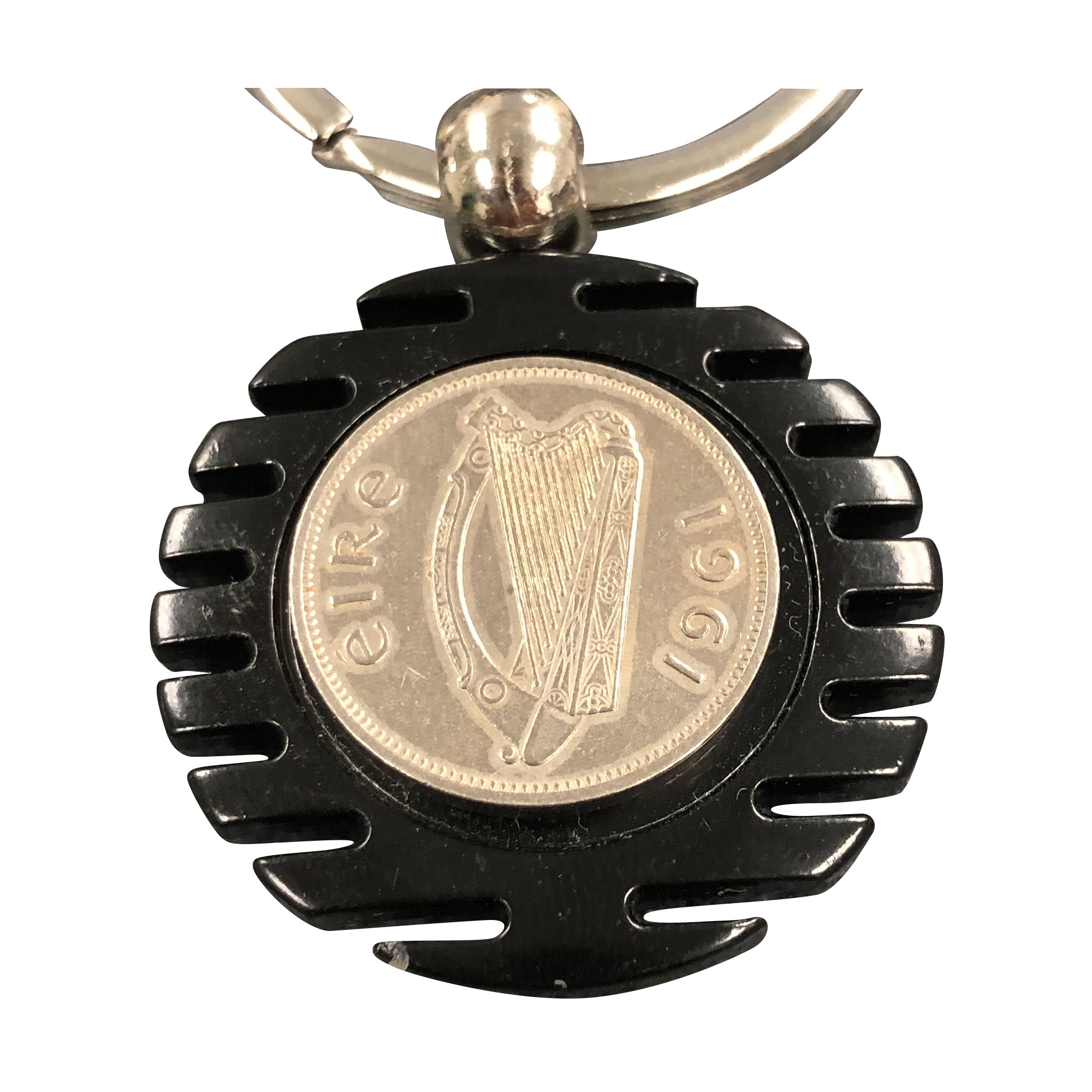Black Swivel Key Chain with a Real Irish Sixpence Coin