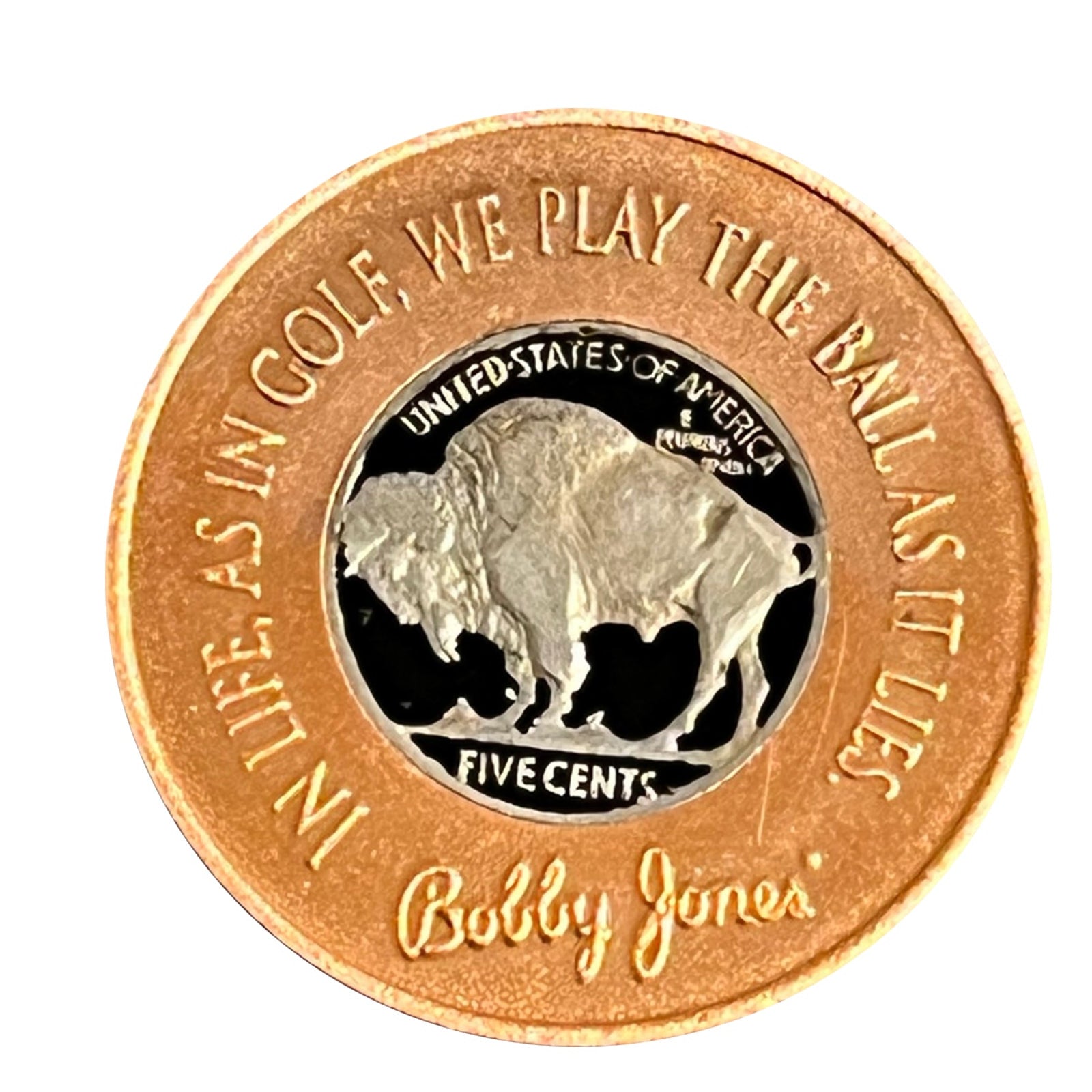 * 1930 Bobby Jones Enameled Ball Marker With Real 1930 Buffalo Nickel