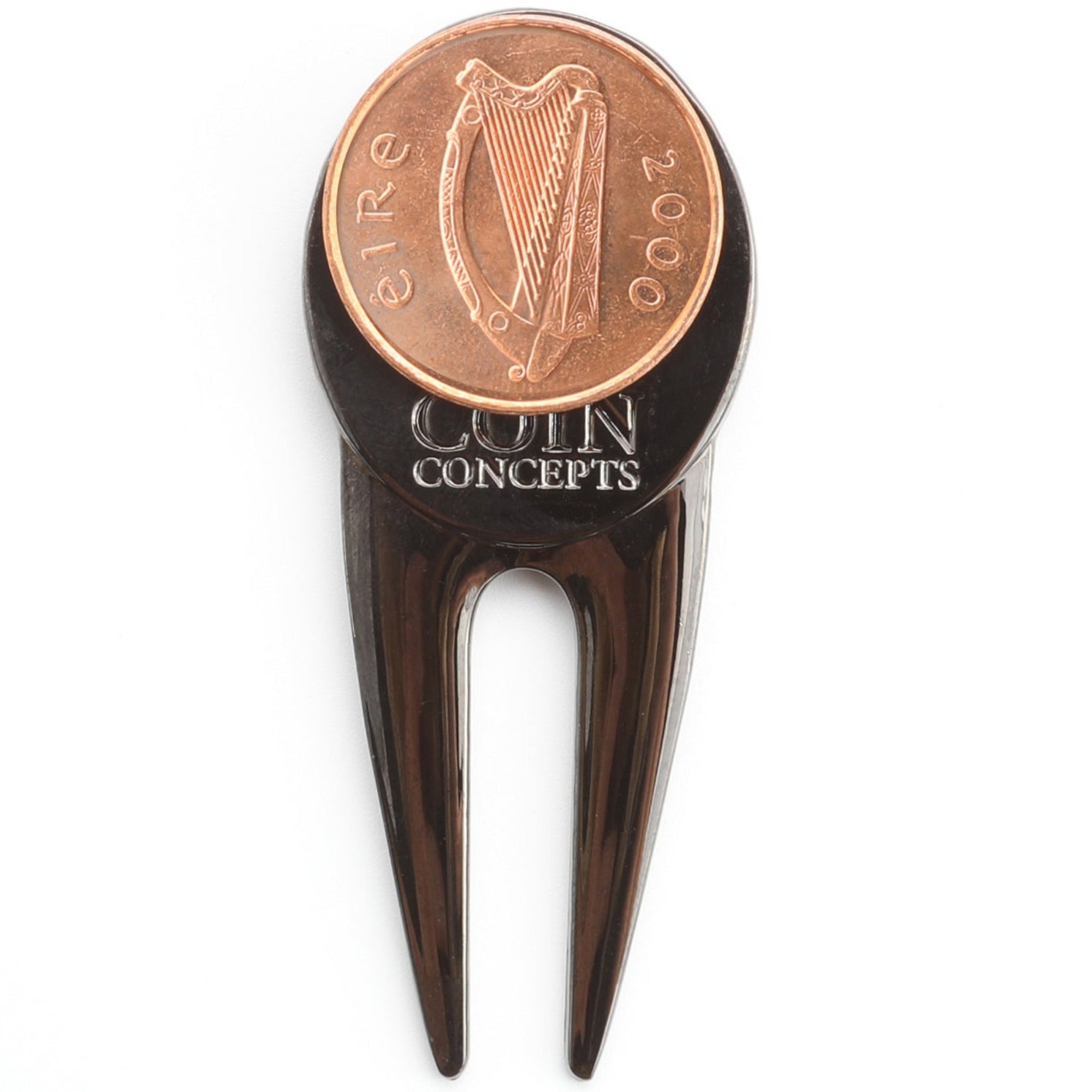 Irish Divot Repair Tool & Ball Marker with a Real Irish Pence Coin