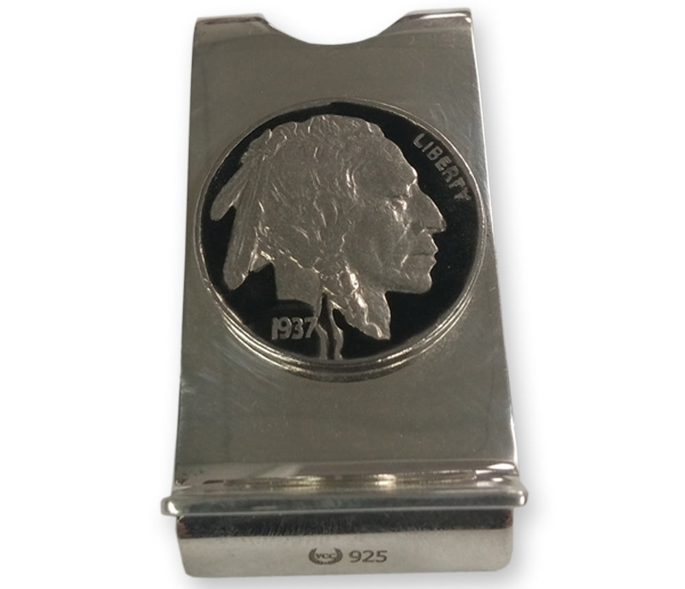 Sterling Silver Hand Enameled Buffalo Nickel Money Clip with Real U.S. Buffalo Nickel