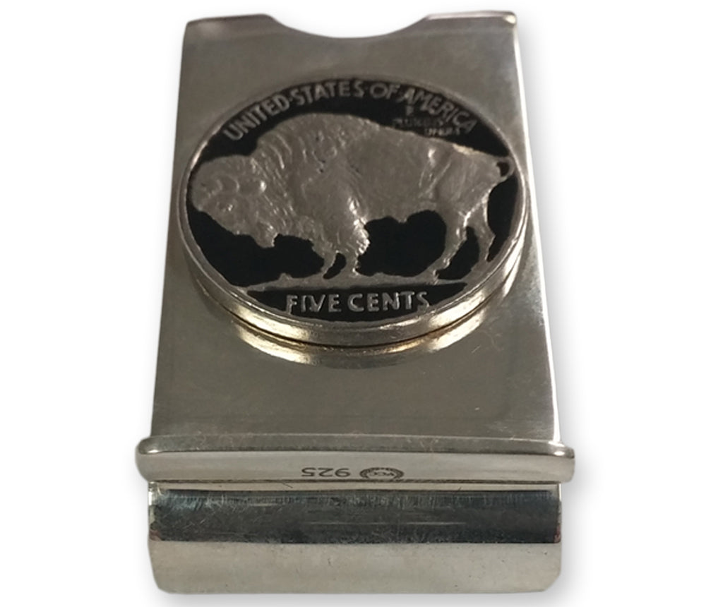 Sterling Silver Hand Enameled Buffalo Nickel Money Clip with Real U.S. Buffalo Nickel